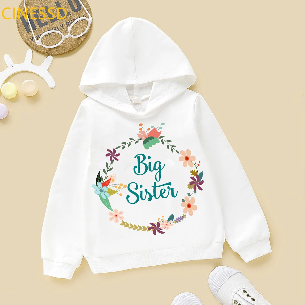 little big sister flowers print family mathing twins birthday Xmas gift girls winter hoodies thick clothes teens pink sweatshirt