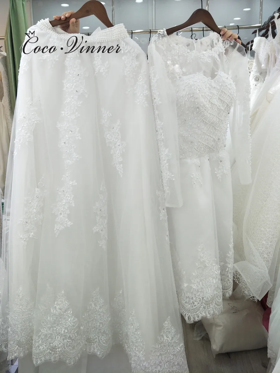 ที่กําหนดเองไข่มุกประดับด้วยลูกปัด 2 IN 1 ชุดแต่งงานสายกระโปรงที่ถอดออกได้แขนยาวภาพลวงตาชุดแต่งงานลูกไม้ W0278-B