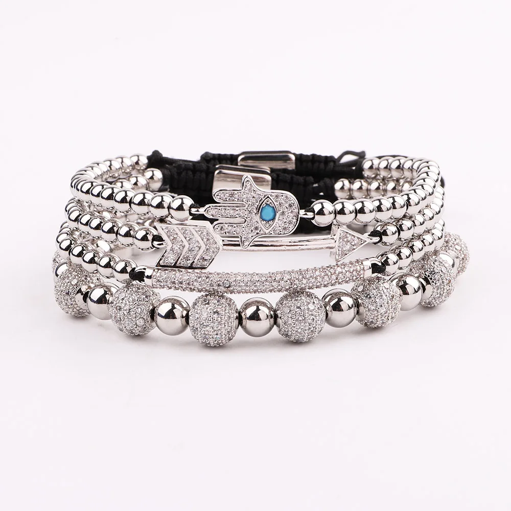JARAVVI High Quality New Stainless Steel Beads Luxury CZ Blue Hand Arrow Charm Women Men Bracelet Bangle Jewelry Gift