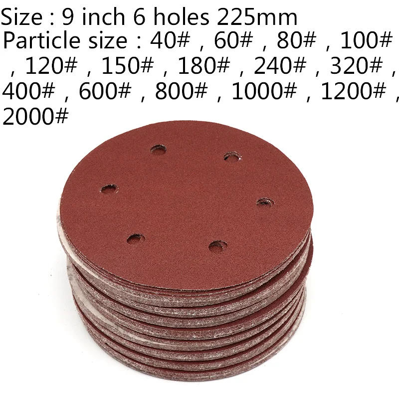 Discos de papel de lixa 6 furos de 9 polegadas, papel autoadesivo para lixar 40-2000, lixa redonda, disco de areia, folha de metal, ferramenta de moagem para móveis com 10 peças
