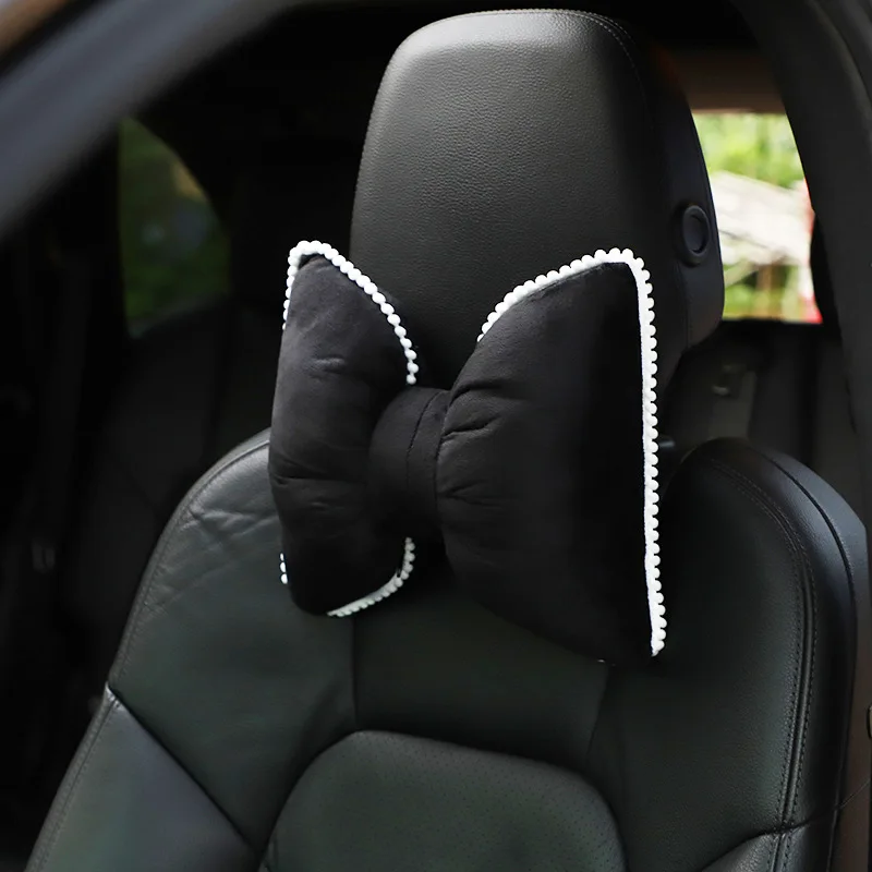 Cute Flower Soft Plush Bowknot Car Seat Headrest Neck Pillow Velvet Head Rest Cushion Waist Pillows Car Accessories Interior