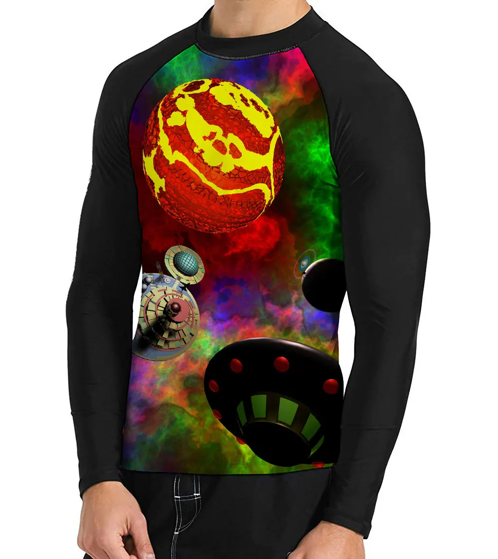 Mens Space Satellite Galaxy Vibrant UPF 50+ Surfing Diving Swimming Long Sleeves Rash Guards Tops