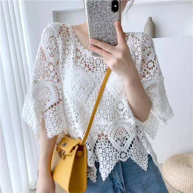 Shawl hollow knit sweater thin style literary pullover blouse women\'s air-conditioning shirt top pullover