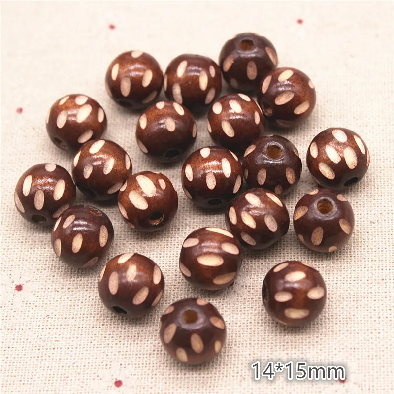 20pcs 14*15mm Round Hand Carving Natural Wooden Beads for DIY Garment Jewelry Making Accessories