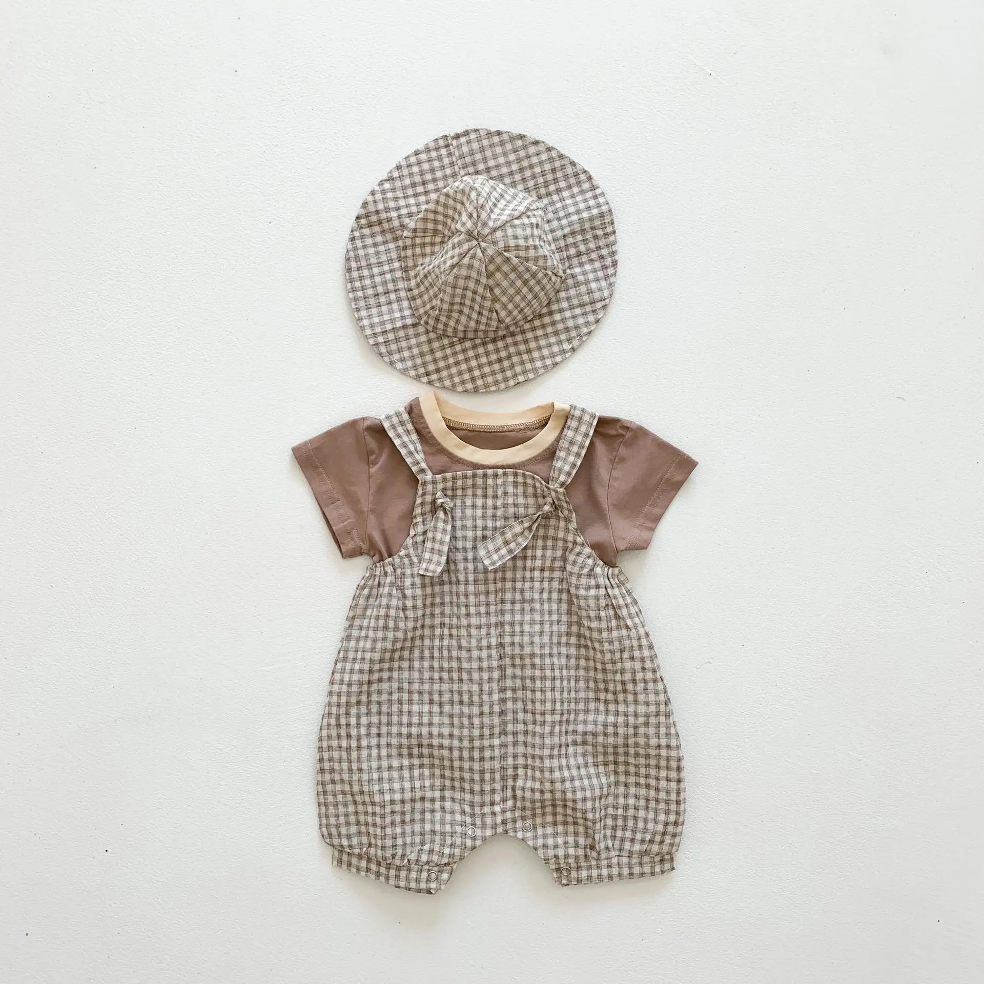 0-3T 3PCS Newborn Kid Baby Boys Girls Clothes set Summer T Shirt Top Plaid Romper hat Beach Playa Outfit Cute Vacation Clothing