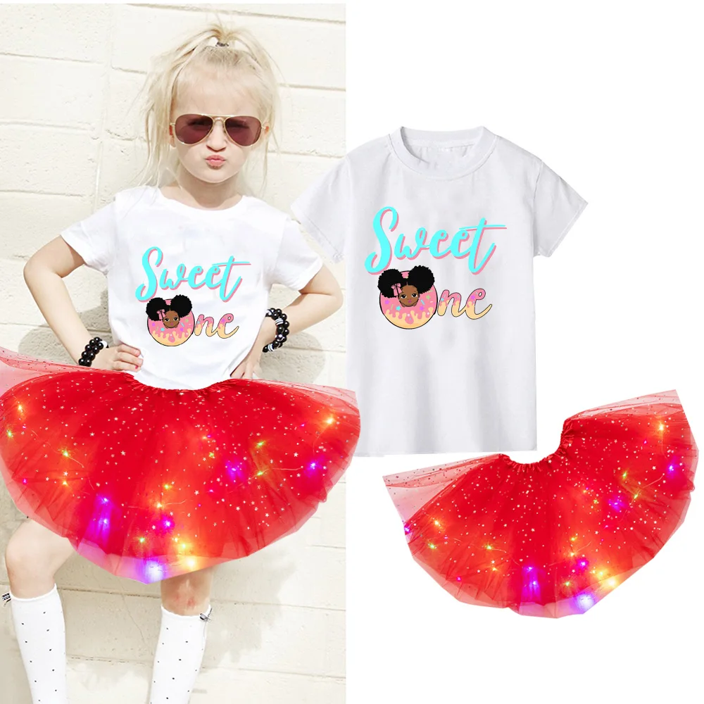 Kids Girls Dress Sets Party Casual Dress Black African Curly Hair Girl Short Sleeve Printed T-shirt+Luminous Skirt+Hairpin Suit