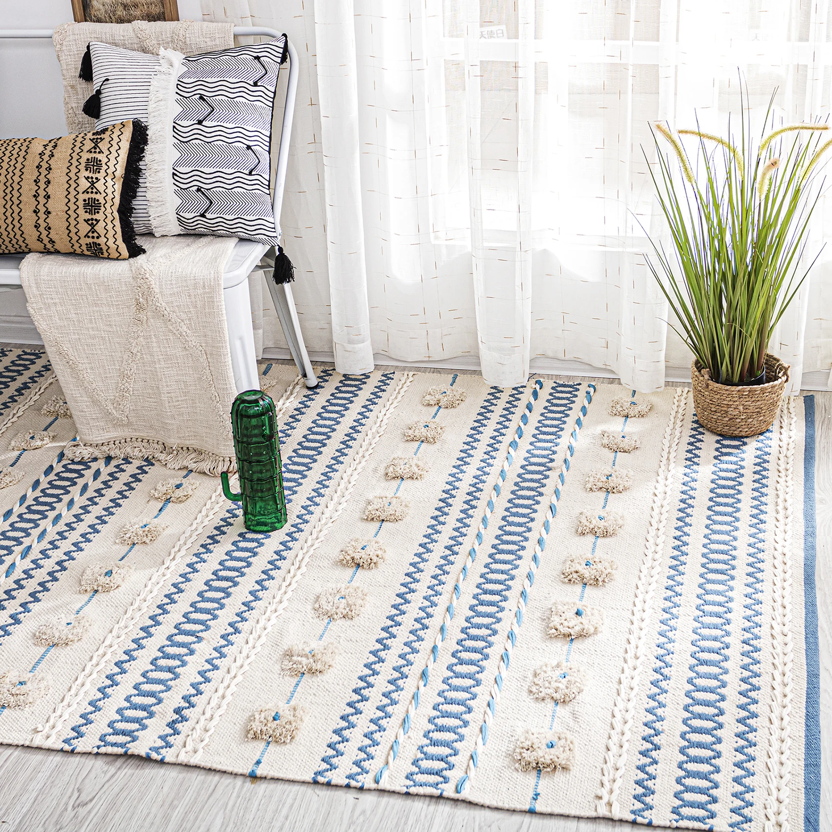 Hand Woven Cotton Carpets for Living Room, Simple Nordic Blue Home Carpet, Bedroom Decorative Bedside and Hallway Area Rug