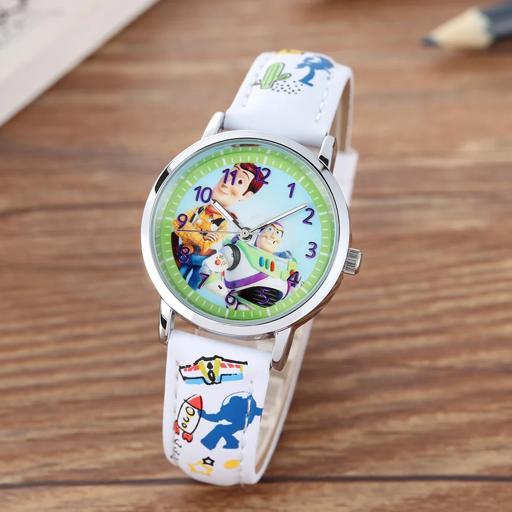 Disney Original Children Donald Duck Cartoon Quartz Wristwatch Graffiti PU Strap Toy Story Buzz Woddy Alien Boy Girl Student Kid