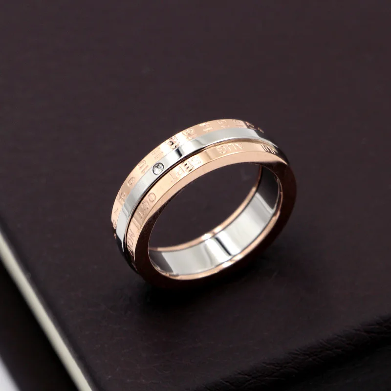 Classic Design Rotation Calendar and Date Ring Titanium Steel High Quality Rose Middle Silver Color Brand Ring Woman Jewelry R10