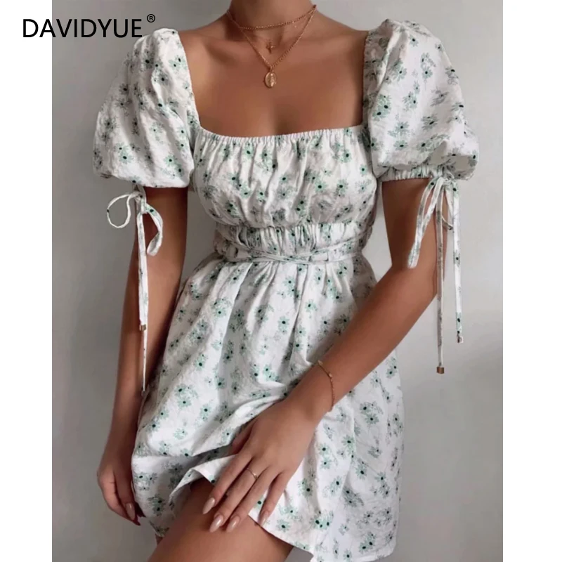 

Summer sexy mini dress women ruffle party dresses floral vintage dress puff sleeve vestidos korean elegant dress streetwear 2021