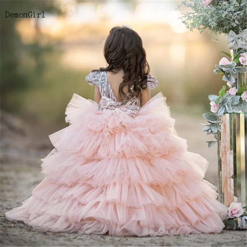 Blush Puffy Flower Girl Dress for Wedding Gold Sequined Sleeves Ruffled Layered Tulle Princess Birthday Party Pageant Gowns