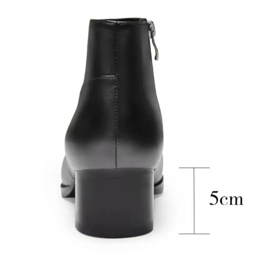 Men Black Genuine Leather Boots High Top Casual Short Boot Wedding Business Fashion Pointed Toe Zipper Ankle Heels Shoes 5cm