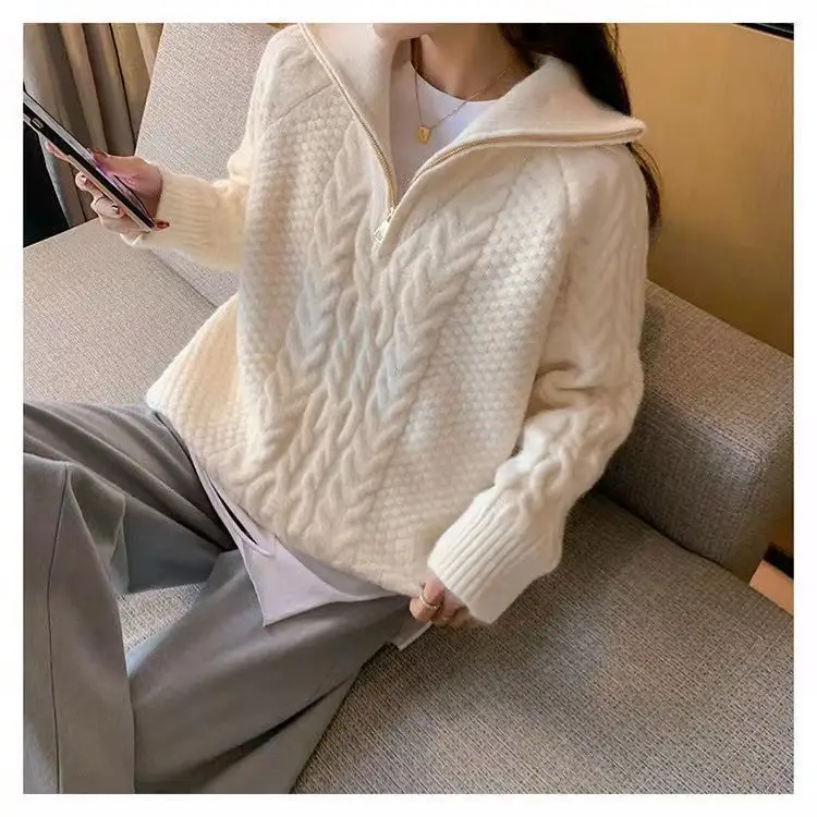 Autumn and Winter Orange Turtleneck Cashmere Sweater Loose Zipper Knitted Sweater Women\'s Casual Basic Pullover Top