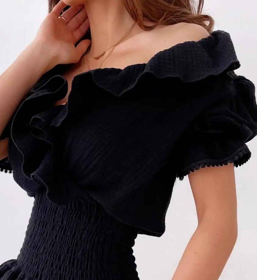 2021 New Summer Women Elegant Mini Dress Fashion Ladies Sexy Short Sleeve Ruffles Dress Evening Party Solid High Waist Sundress