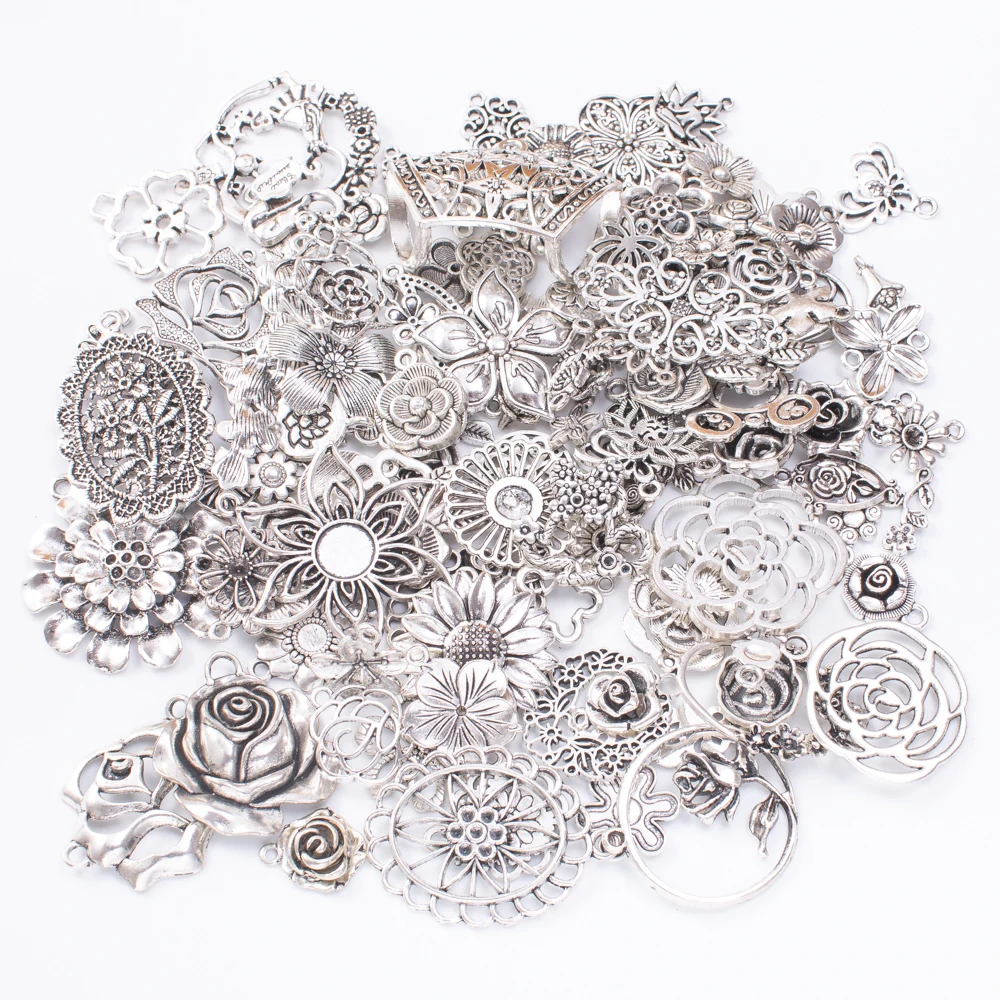 50g hot sale metal plant flower mixed charm pendant antique bronze bracelet necklace handmade jewelry making wholesale DIY acces