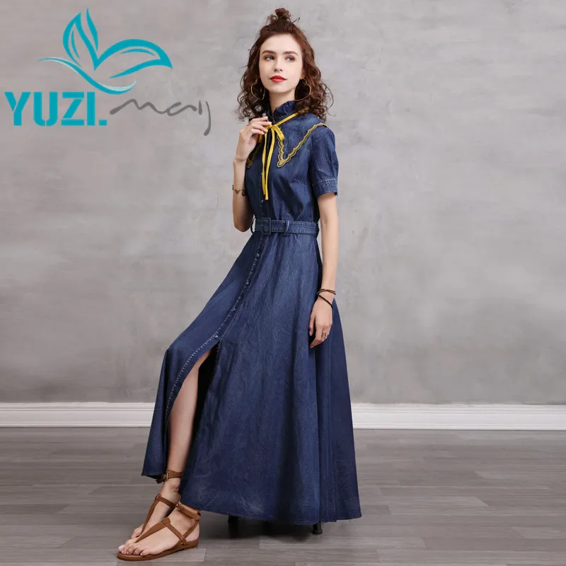 

Dresses For Women 2021 Yuzi.may Boho New Denim Women Dress Stand Collar Short Sleeve Belted Single Breasted Vestidos A82307