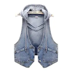 Fashion Design Denim Vest Female Summer Autumn Women's Sleeveless Short Denim Jacket Hooded Loose Korean Waistcoat Outerwear