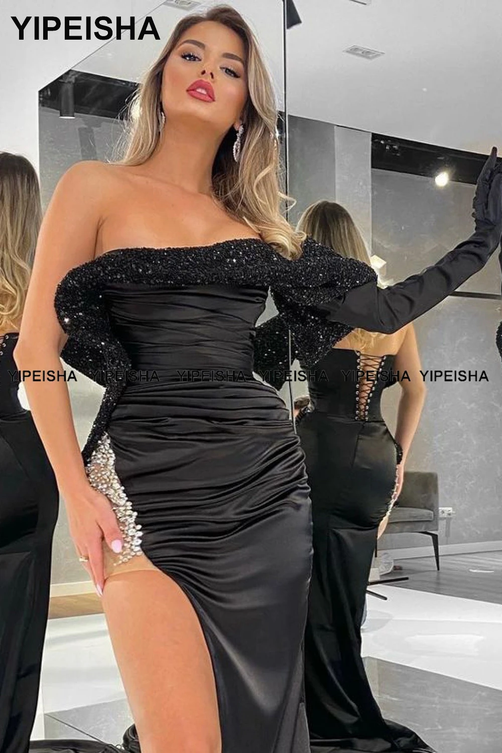 Yipeisha – robe de soirée de forme sirène, tenue de soirée noire très perlée, paillettes, blanche, arabie saoudite, fente latérale, 2022