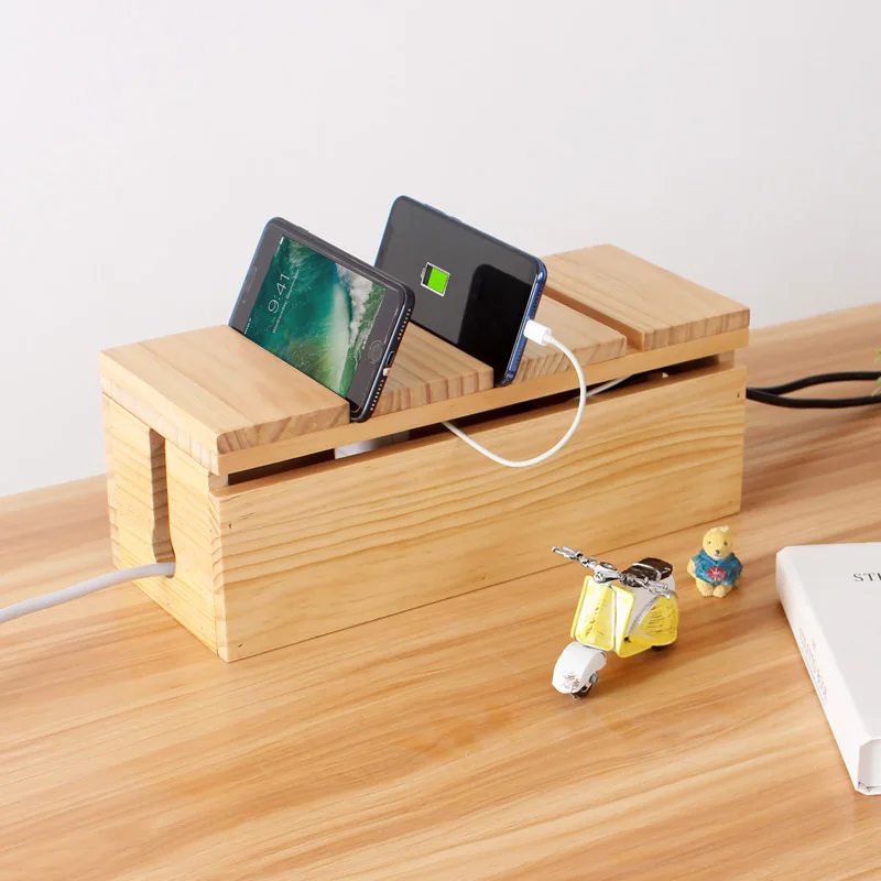 Simple power strip wooden Organizer Office Desktop power cable finishing wood storage box