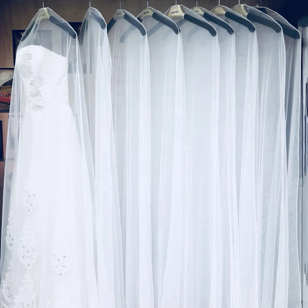 Double-sided Transparent Tulle Voile Wedding Bridal Dress Dust Cover with Side-zipper for Home Wardrobe Gown Storage Bag