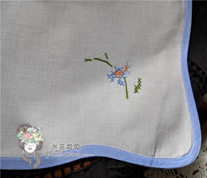 Blue edging hand-embroidered white square napkin napkin cloth cover fold flower mouth cloth