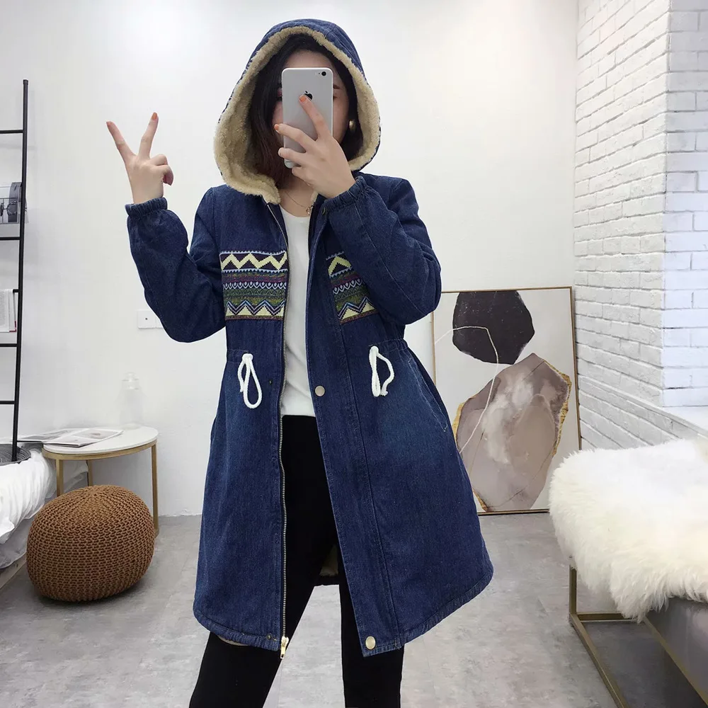 New Women\'s Denim Jacket Winter 2023 Printing Warm Thicken Plus Velvet Cotton Padded Coat Loose Hooded Long Outerwear Female