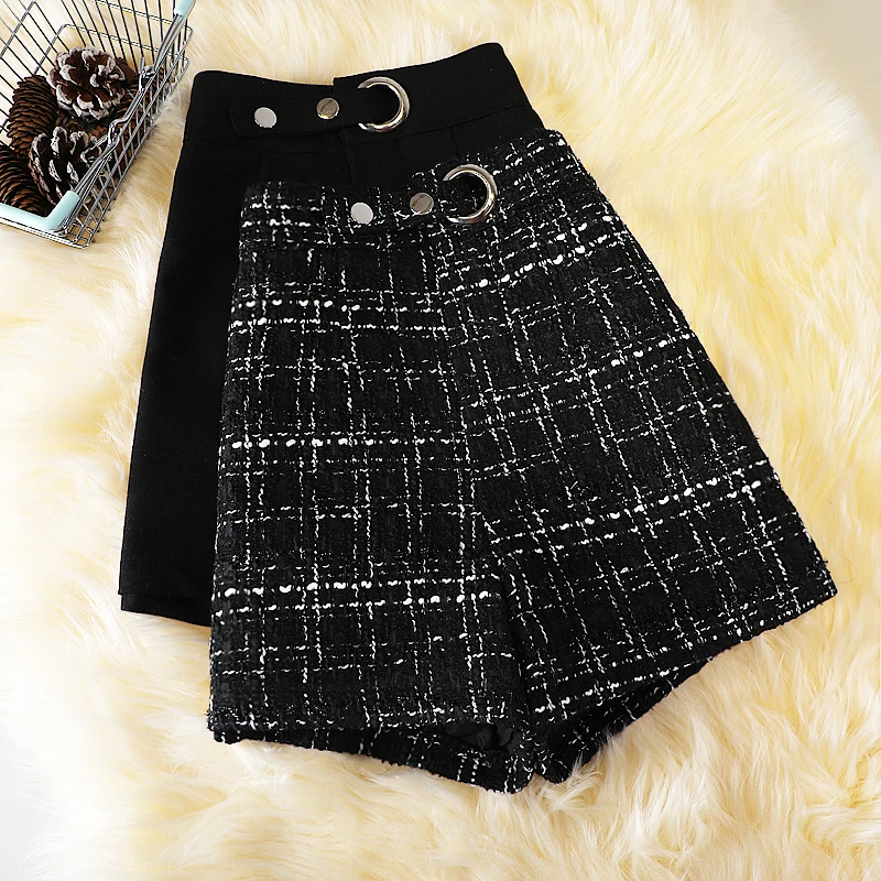 Check woolen shorts for fall/winter new style large-size breasted high-waisted woolen cloth wide-leg boots pants