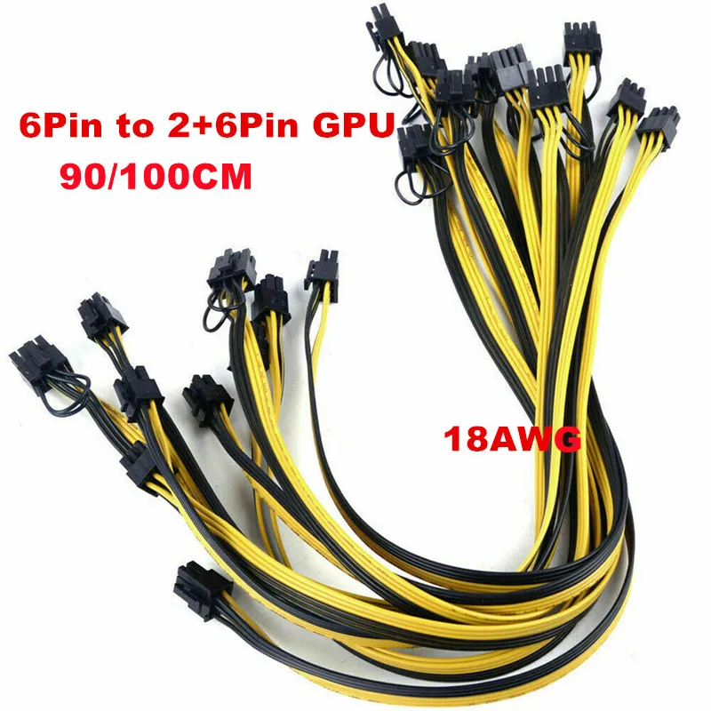 

100/90CM 18AWG GPU PCIE PCI-Express 6Pin Male to 8Pin (6+2) Male Graphics Video Card Power Cable for BTC Ethereum Miners Mining