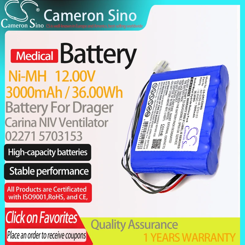 

CameronSino Battery for Drager Carina NIV Ventilator fits 02271 5703153 OM11759 Medical Replacement battery 3000mAh/36.00Wh Blue