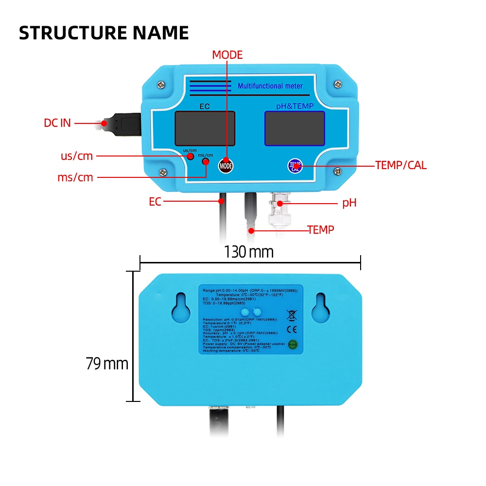 PH EC TDS Meter ORP TEMP Controller Water Quality Detector BNC Type Probe Water Quality Tester for Aquarium Pools Drinking Water