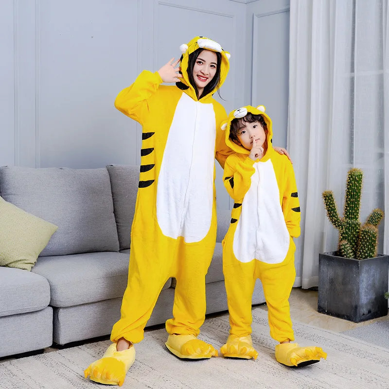 

Children Cute Tiger Hooded Jumpsuits Adult Warm Pajamas Kigurumi Onesies Family Matching Cartoon Stitch Kids Overalls Pijama