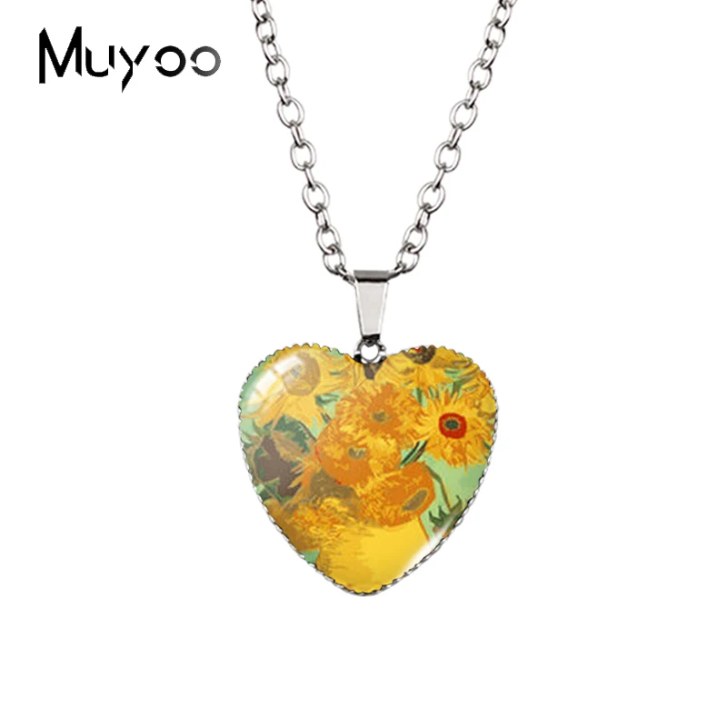 2021 New Van Gogh Painting Yellow Sunflower in Vase Handcraft Jewelry Heart Pendants Necklace HZ3