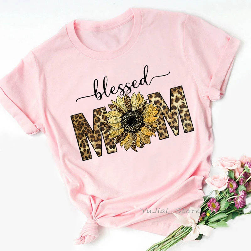 Leopard Sunflower Blessed Mom T Shirt Women Pink T-Shirt Summer Top Female Cute Thanksgiving Mothers Day Birthday Gift Tshirt