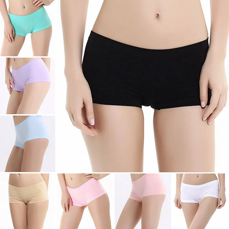 Women Solid Elastic Stretchy Casual Sports Breathable Boyshorts Seamless Underwear Underpants Boxers Panties