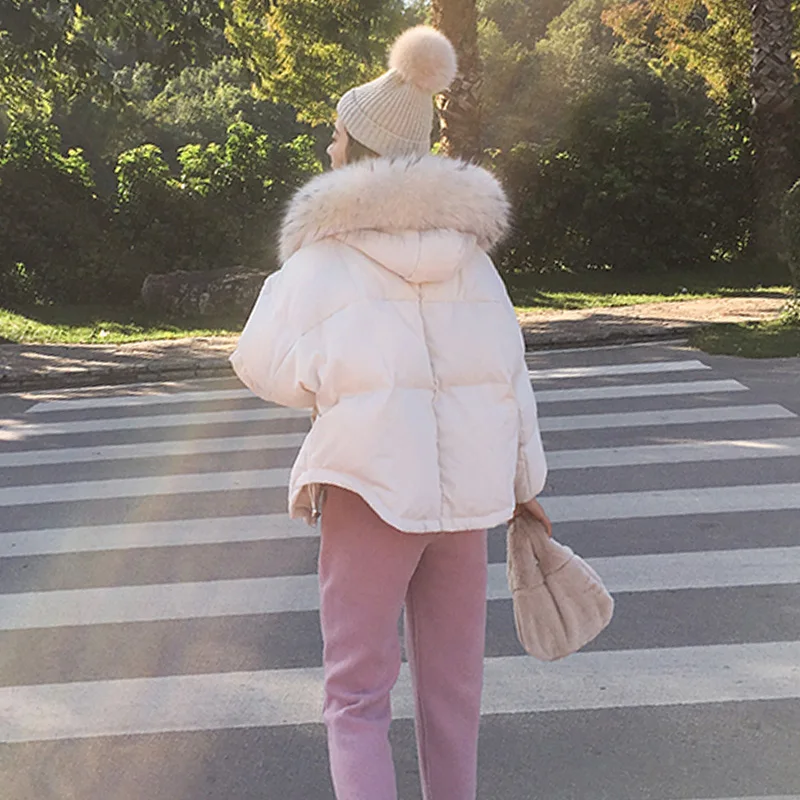 Fitaylor Winter 90% White Duck Down Irregular Jacket Women Big Real Raccoon Fur Hooded Short Coat Beige Loose Warm Snow Outwear