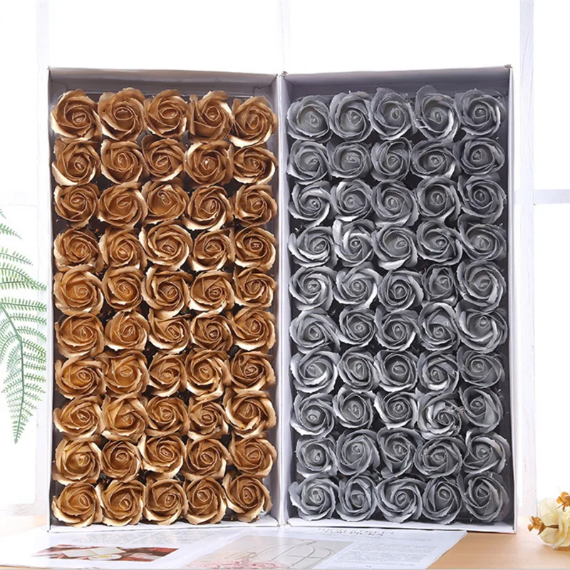 50Pcs Gold Silver Roses Soap Flower Head DIY Valentine's Day Wedding Home Decorative Accessories Gifts Box Artificial Flowers