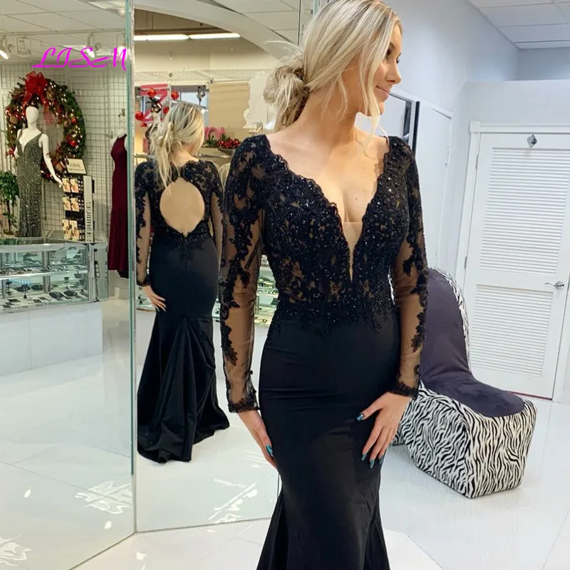 

Long Sleeve Mermaid Lace Evening Dress with Beaded Sexy V-Neck Open Back Prom Gowns Floor Length Wedding Party Dresses for Women