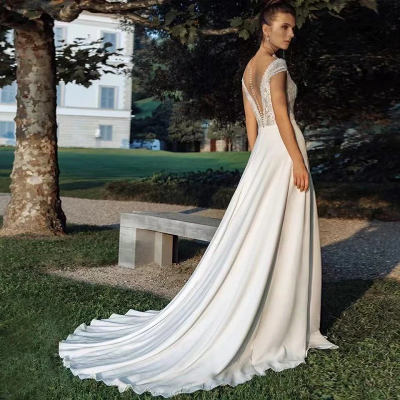 Robe de Mariée Boho en Mousseline de Soie Blanche à Col Transparent, Vêtement Rustique, Simple, à Manches Cape, de Plage, pour Patients, Personnalisé, 2024