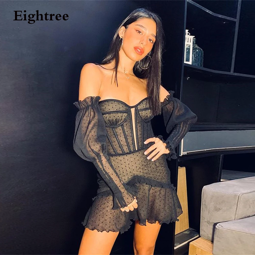 

Eightree Sexy Black Short Mini Long Sleeves Evening Dresses Prom Dress Tulle Sweetheart Formal Party Gowns Graduation Gown