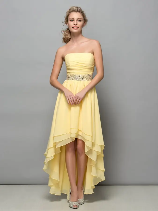 Fashion Asymmetrische Chiffon Avondjurk 2021 Chic Strapless Tiered Pailletten Hoge Lage Prom Party Gown Vestidos De Fiesta