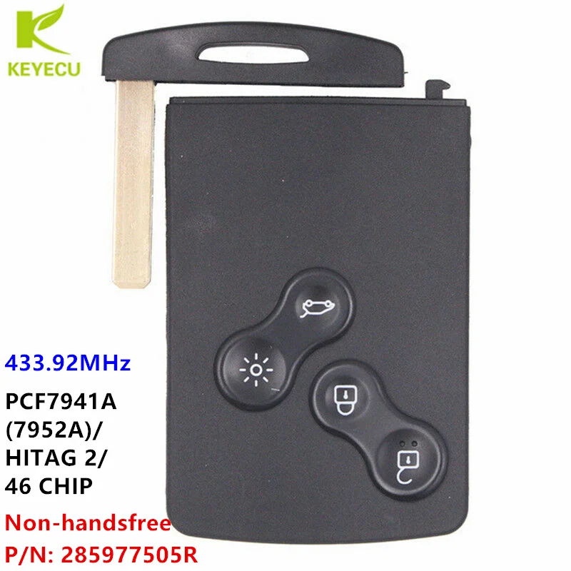 KEYECU Semi-intelligent Smart Key Card 433MHz PCF7941 Chip for Renault Megane III Fluence Laguna III Scenic 09-2015 285977505R
