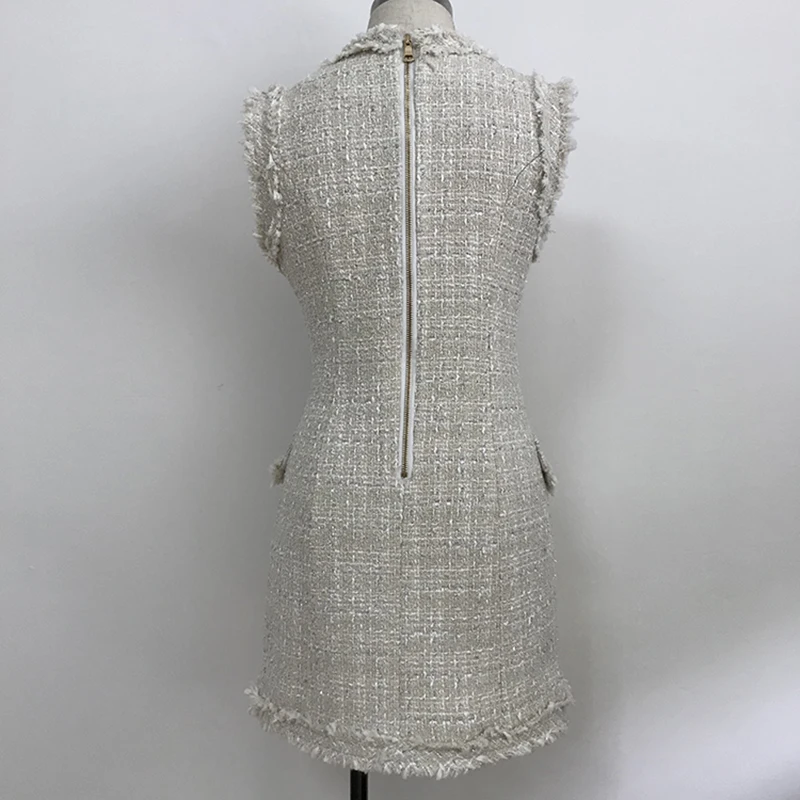 Imagem -06 - Nova Agradável Barroco Designer Feminino Sexy Metal Leão Botões Duplo Breasted Borla Franjas Tweed Vestido Alta Qualidade