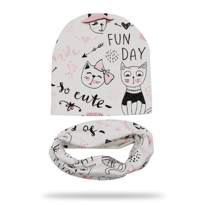 Cotton Printing Baby Hat Scarf Set Cartoon Animal Baby Cap Scarf Winter Kids Caps Bee Kitty Fox Children Hats For Boys And Girls