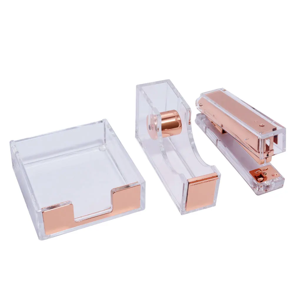 Home Office Accessories 3 in 1 Include Tape Dispenser with Adhesive Tape Stapler Sticky Pad Holder Acrylic Desk Organizer Set