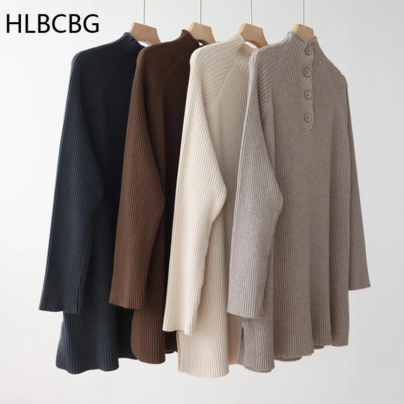 HLBCBG 2021 Autumn Winter Thick Straight Loose Maxi Sweater Dress Women High Neck Sweater Dress Elegant Female Loose Knit Dress