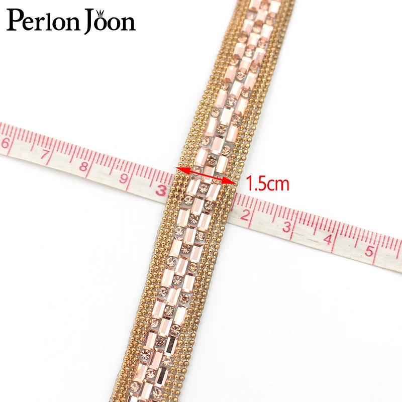 1yard Champagne glass crystal rhinestone trim with gold chain tape decorative hot fix shoes clothing accessories TR136