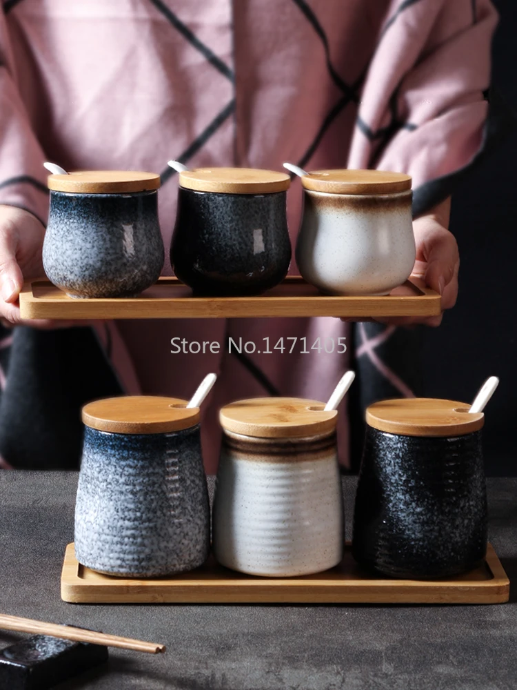 Kitchen Salt Sugar Seasoning Box Ceramic Single Set with Lid Seasoning Box Japanese-style Spoon Lid Integrated Seasoning Jar