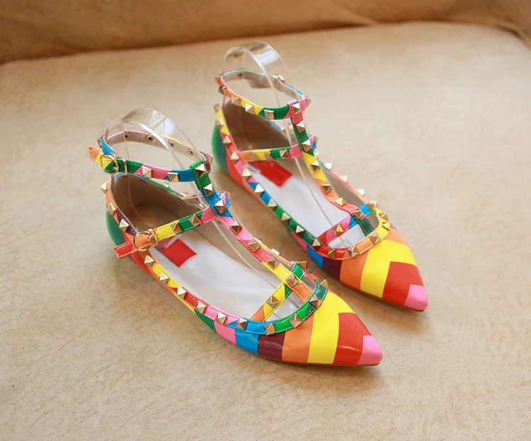 Rainbow Ankle Strap Studded Colorful Slip On Rivets Flats Strappy Buckle Walking Soft Women Shoes Color Mixing Travel Size 35-43