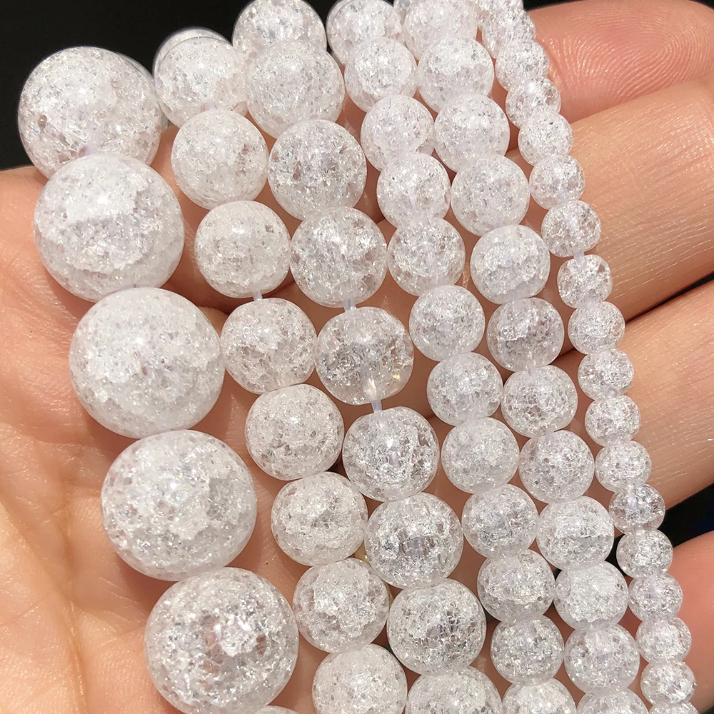 4 6 8 10 12mm White Cracked Crystal Beads Round Loose Spacer Beads for Jewelry Making DIY Bracelet Charms Accessories 15''Inches