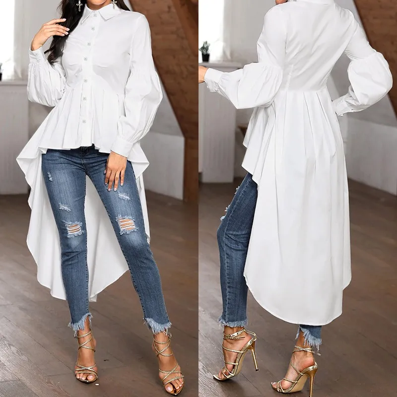 Moda donna increspature camicia orlo ZANZEA elegante collo bavero camicie a coda di rondine solido manica lunga vita alta top Blusas irregolari